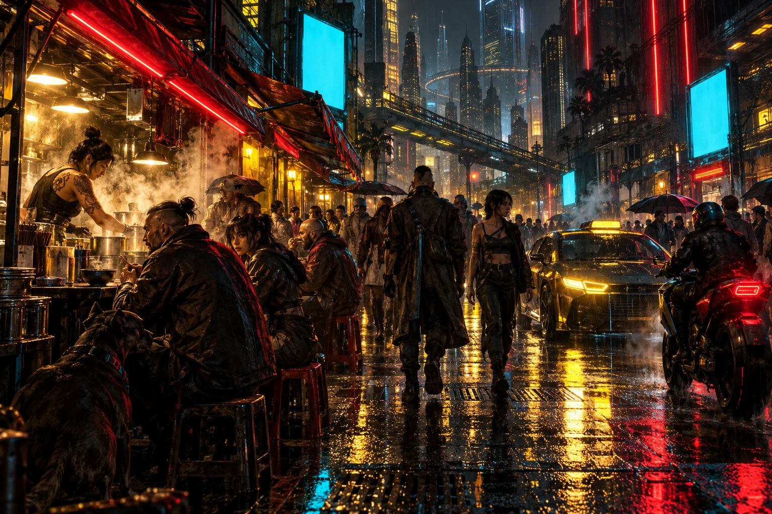 Una calle llena de gente bajo la lluvia con un puesto de fideos